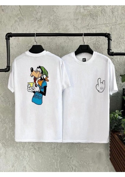 Erkek Beyaz Karakter Baskılı Bisiklet Yaka Tshirt