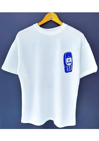 Blacksokak Erkek Beyaz Nokıa Baskılı Oversize Bisiklet Yaka Tişört