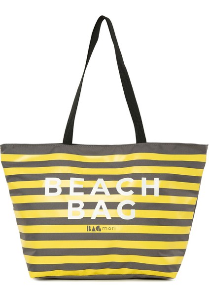 Gri Çizgili Beach Bag Baskılı Plaj Çantası