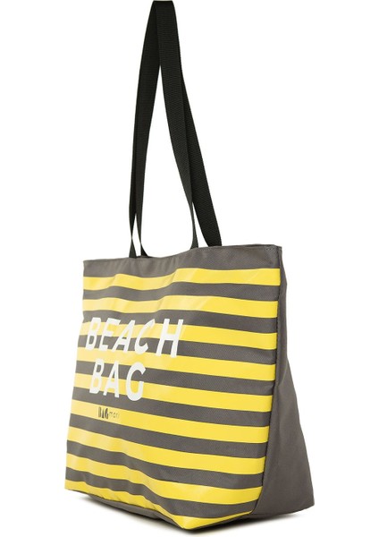 Gri Çizgili Beach Bag Baskılı Plaj Çantası