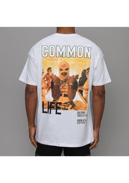 Blacksokak Erkek Beyaz Common Baskılı Oversize Bisiklet Yaka Tshirt
