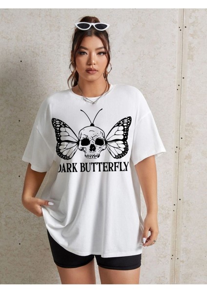 Kadın Beyaz Kuru Kafa Kelebek Bisiklet Yaka Tshirt