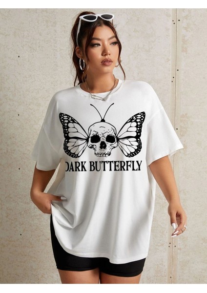 Kadın Beyaz Kuru Kafa Kelebek Bisiklet Yaka Tshirt modelleri