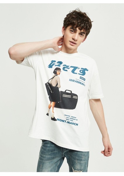Blacksokak Erkek Beyaz Kız Baskılı Oversize Bisiklet Yaka Tshirt