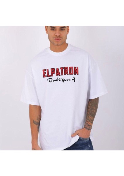 Blacksokak Erkek Beyaz Elpatron Baskılı Oversize Bisiklet Yaka Tshirt