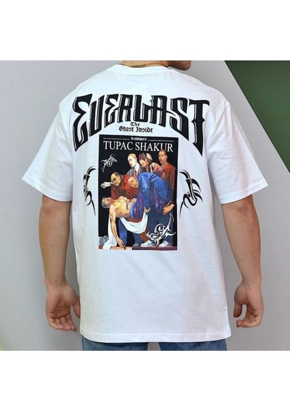 Blacksokak Erkek Beyaz Evelast Baskılı Oversize Bisiklet Yaka Tshirt