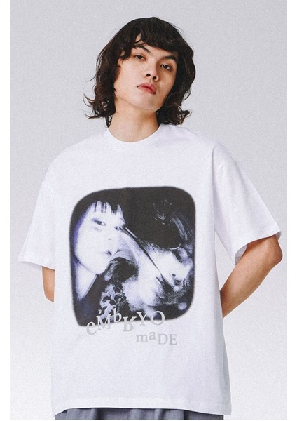 Blacksokak Erkek Beyaz Empryo Baskılı Oversize Bisiklet Yaka Tshirt