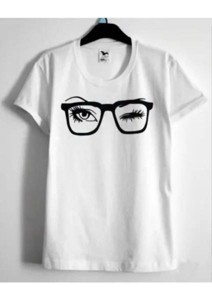 Blacksokak Kadın Beyaz Gözlük Baskılı Oversize Bisiklet Yaka Tshirt