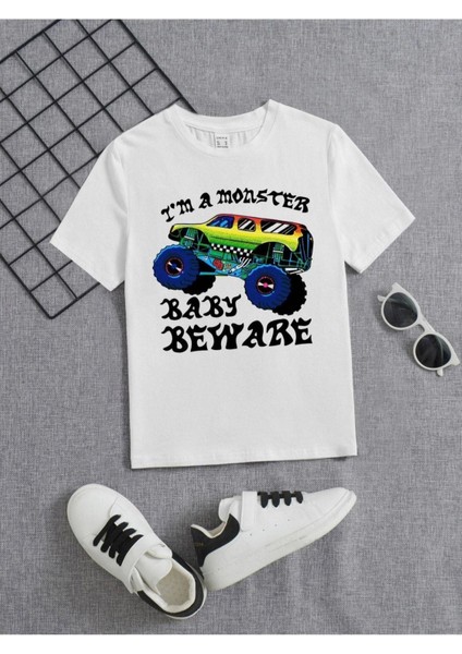 Erkek Çocuk Beyaz I Am Monster Bisiklet Yaka Tshirt