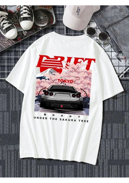 Blacksokak Unisex Beyaz Drift Tokyo Baskılı Oversize T-Shirt