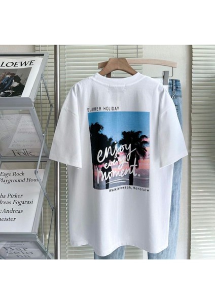 Blacksokak Erkek Beyaz Enjoy Every Moment Baskılı Oversize Bisiklet Yaka Tshirt