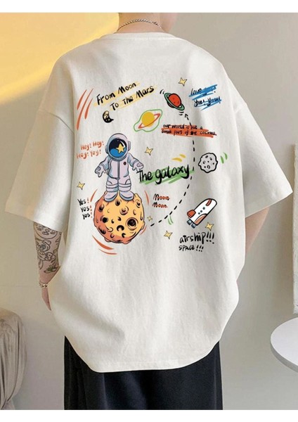 Blacksokak Unisex Beyaz The Galaxy Gezegen Baskılı Oversize Bisiklet Yaka Tshirt