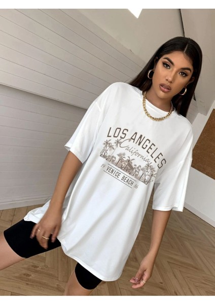 Blacksokak Kadın Beyaz Los Angeles Baskılı Oversize Bisiklet Yaka Tshirt modelleri