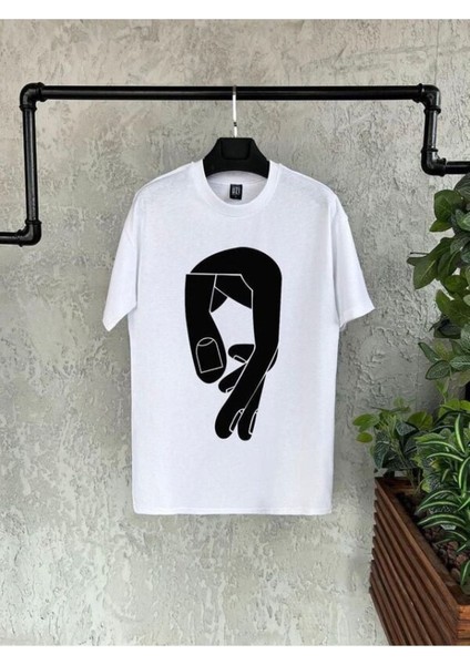 Erkek Beyaz Uzunparmak Baskılı Bisiklet Yaka Tshirt