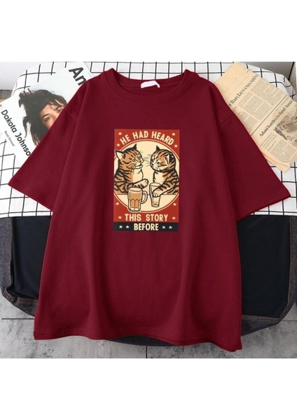 Blacksokak Erkek Bordo He Had Heard Baskılı Oversize Bisiklet Yaka Tshirt