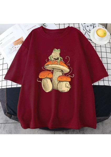 Blacksokak Erkek Bordo Mantar Baskılı Oversize Bisiklet Yaka Tshirt