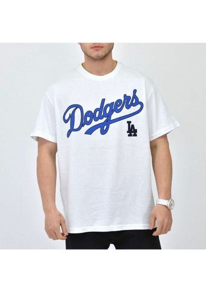 Blacksokak Erkek Beyaz Dodgers Baskılı Oversize Bisiklet Yaka Tshirt