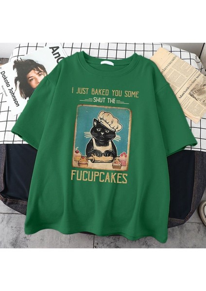 Blacksokak Kadın Yeşil Fucupcakes Baskılı Oversize Bisiklet Yaka Tshirt