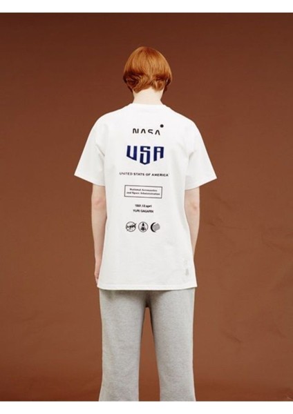 Unisex Beyaz United State Of Nasa Sırt Baskılı Tshirt