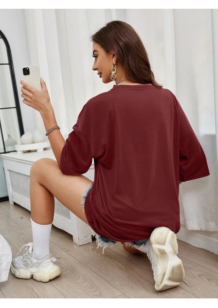 Blacksokak Kadın Bordo Keep Smılıng Baskılı Oversize Bisiklet Yaka Tişört fiyatları