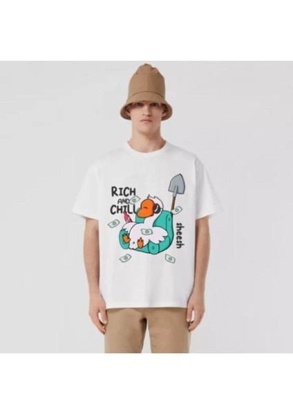 Erkek Beyaz Rıch And Chıll Baskılı Oversize Bisiklet Yaka Tshirt