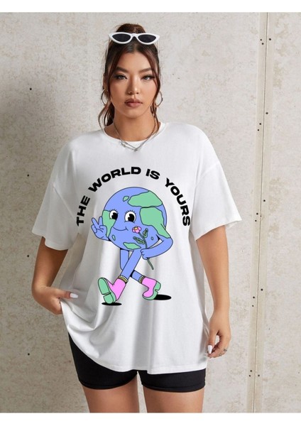 Kadın Beyaz World Bisiklet Yaka Tshirt
