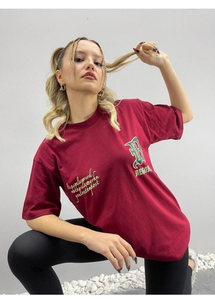 Blacksokak Kadın Bordo Begoberg Baskılı Oversize Bisiklet Yaka Tshirt