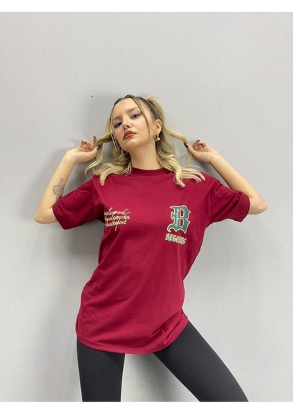 Blacksokak Kadın Bordo Begoberg Baskılı Oversize Bisiklet Yaka Tshirt modelleri
