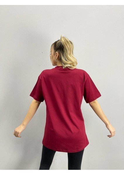Blacksokak Kadın Bordo Begoberg Baskılı Oversize Bisiklet Yaka Tshirt fırsatları