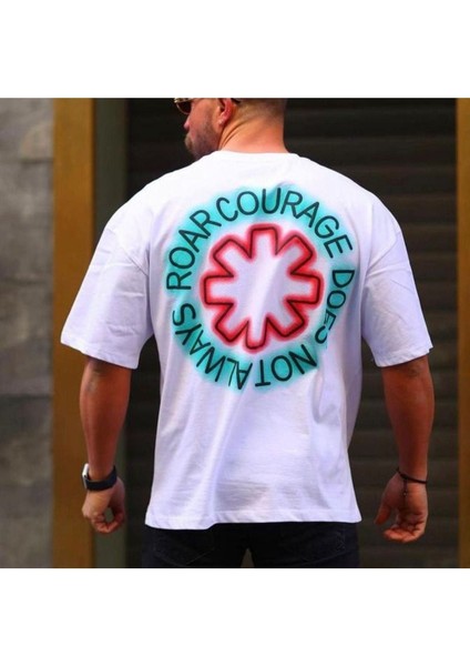 Blacksokak Erkek Beyaz Roar Courage Baskılı Oversize Bisiklet Yaka Tshirt