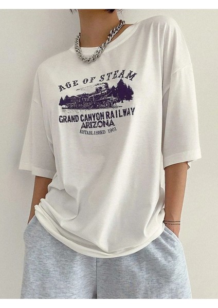 Blacksokak Kadın Beyaz Age Of Steam Baskılı Oversize Bisiklet Yaka Tshirt