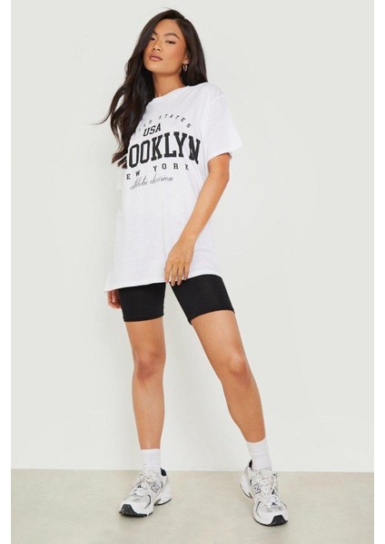 Blacksokak Kadın Beyaz Usa Brooklyn Göğüs Baskılı Oversize Bisiklet Yaka T-Shirt fırsatları