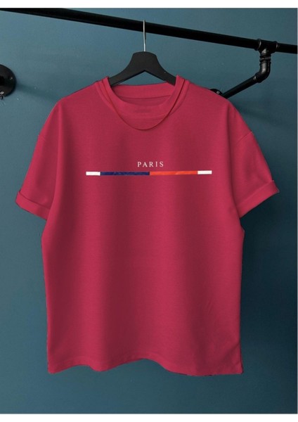 Erkek Bordo Göğüs Ince Çizgili Paris Baskılı Oversize Bisiklet Yaka Tişört