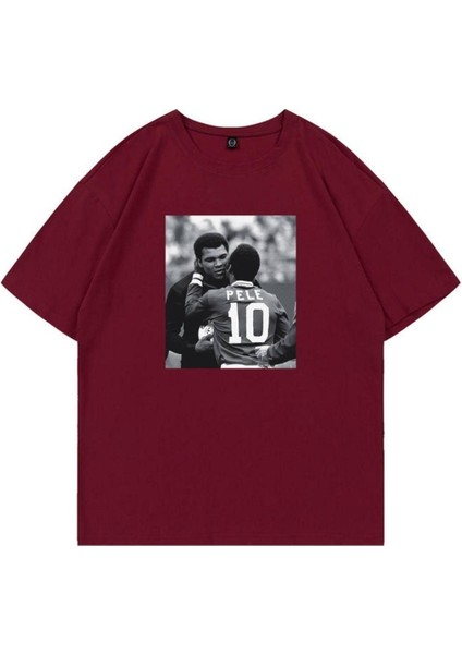 Erkek Bordo Pele Baskılı Oversize Bisiklet Yaka Tshirt