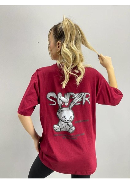 Blacksokak Kadın Bordo Super Baskılı Oversize Bisiklet Yaka Tshirt