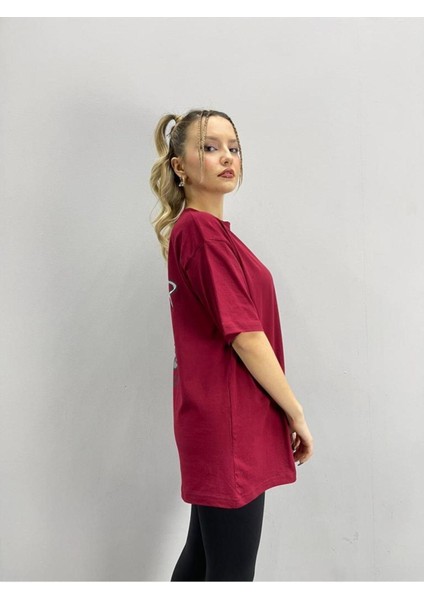 Blacksokak Kadın Bordo Super Baskılı Oversize Bisiklet Yaka Tshirt fiyatları