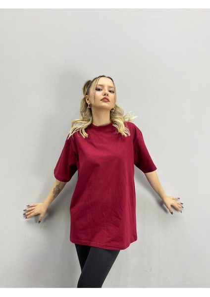 Blacksokak Kadın Bordo Super Baskılı Oversize Bisiklet Yaka Tshirt modelleri