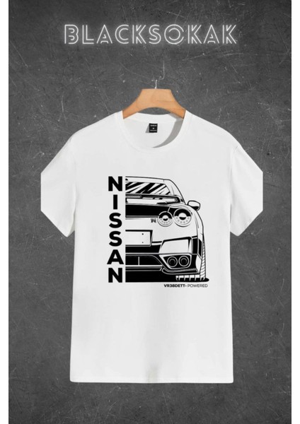 Erkek Beyaz Nıssan Gtr Baskılı Oversize Bisiklet Yaka Tshirt