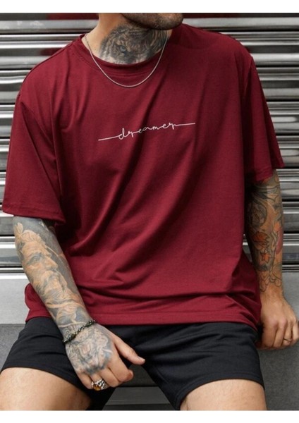 Blacksokak Erkek Bordo Dreamer Baskılı Oversize Bisiklet Yaka Tshirt