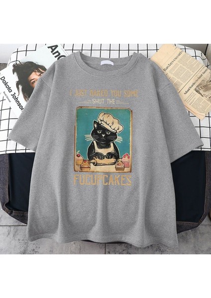 Blacksokak Kadın Gri Fucupcakes Baskılı Oversize Bisiklet Yaka Tshirt
