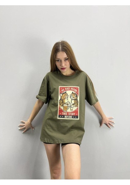 Blacksokak Kadın Haki He Had Heard Baskılı Oversize Bisiklet Yaka Tshirt