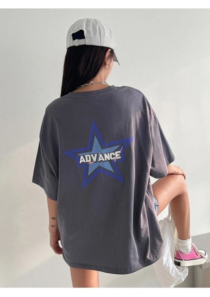 Blacksokak Kadın Füme Advance Baskılı Oversize Bisiklet Yaka Tişört