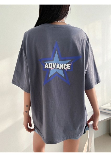 Blacksokak Kadın Füme Advance Baskılı Oversize Bisiklet Yaka Tişört modelleri