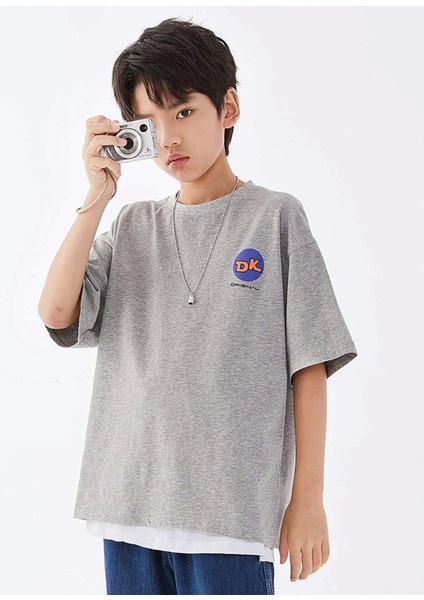 Erkek Çocuk Gri Dk Baskılı Oversize Bisiklet Yaka Tshirt