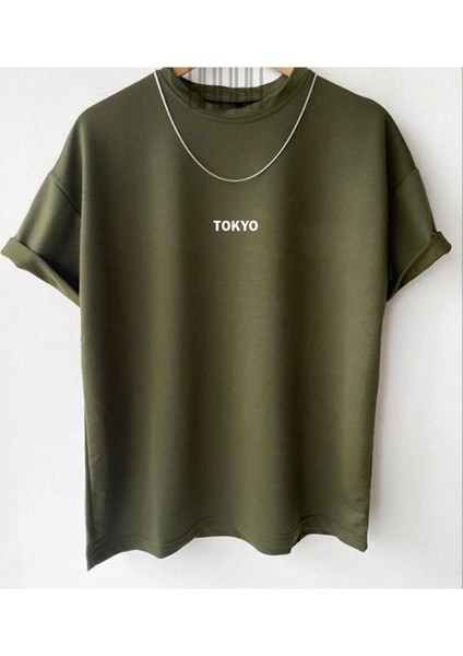 Erkek Haki Tokyo Baskılı Oversize Bisiklet Yaka Tshirt
