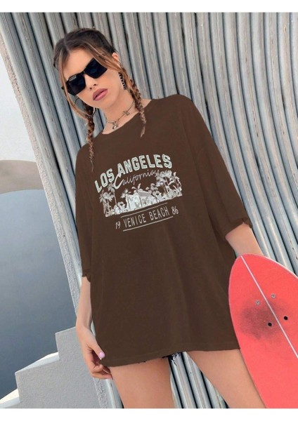 Blacksokak Kadın Kahverengi Los Angeles Oversize Bisiklet Yaka Tshirt