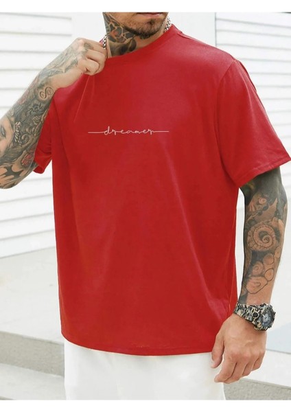 Blacksokak Erkek Kırmızı Dreamer Baskılı Oversize Bisiklet Yaka Tshirt