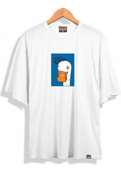 Blacksokak Erkek Beyaz Ördek Baskılı Oversize Bisiklet Yaka Tshirt