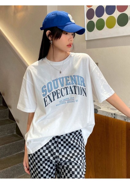 Kadın Beyaz Souvenır Baskılı Bisiklet Yaka Tshirt