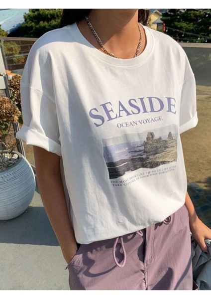 Blacksokak Kadın Beyaz Seasıde Baskılı Oversize Bisiklet Yaka Tshirt